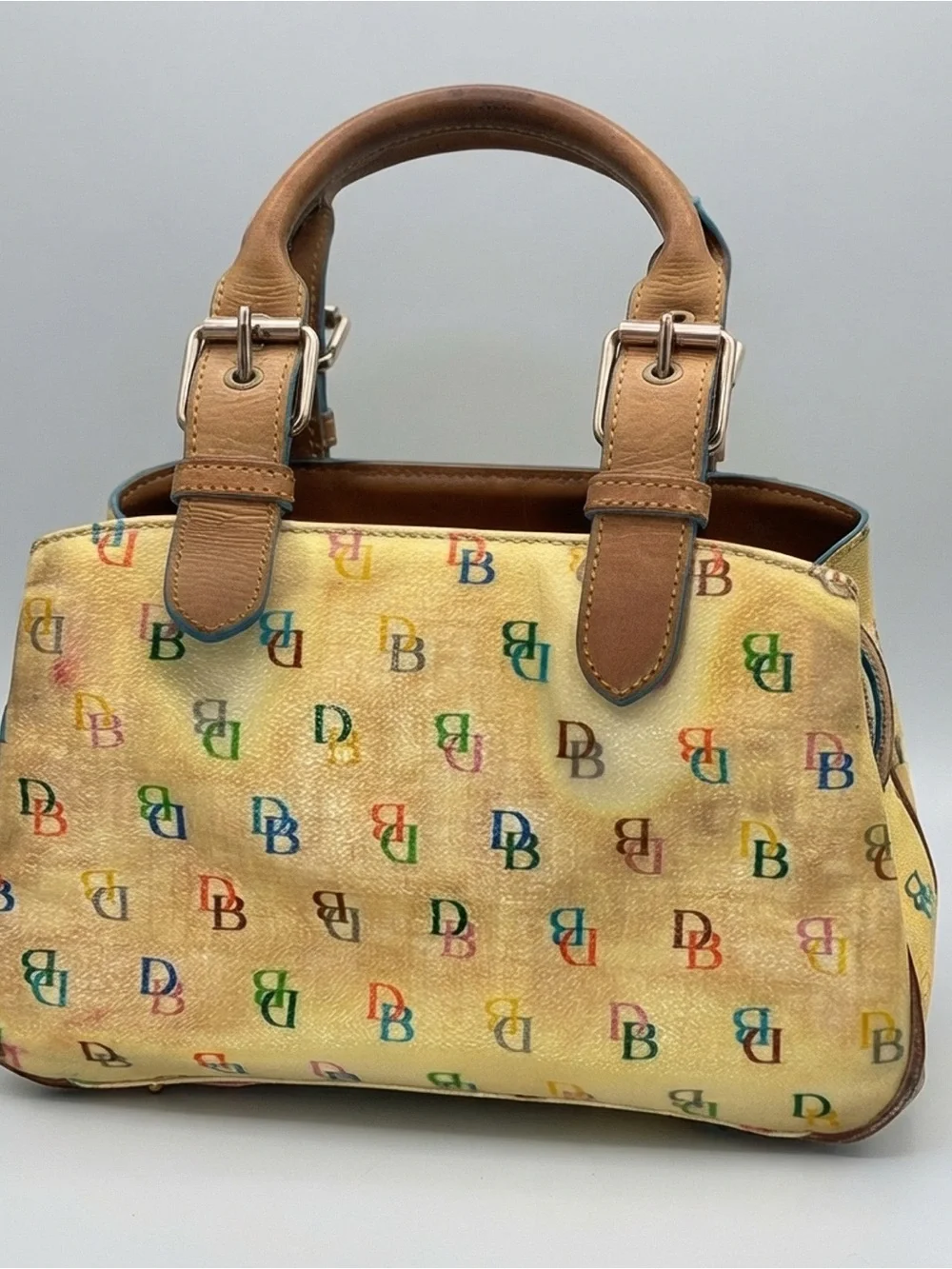Rare Vintage Dooney and Bourke Rainbow DB Monogram Satchel Purse Heart Charm